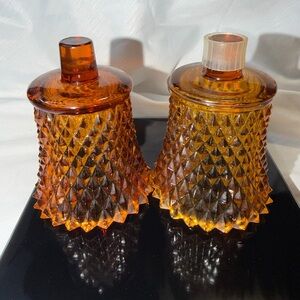 Vintage Amber Diamond Point Glass Peg Votive Candle Holders - Set of 2